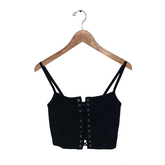 Forever 21 Lace  Up Crop Tank Top Bustier‎ Black Silver Women’s Size Medium - Picture 1 of 7